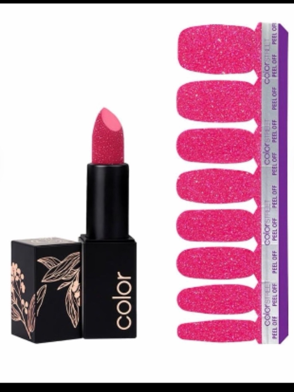Color Street Pink Glitter Lipstick & Nail Strip Set